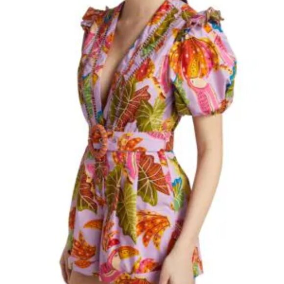 NWT Farm Rio Beaks & Bananas Ruffle Belted Romper Lilac l Medium l MSRP $220 - Picture 2 of 9